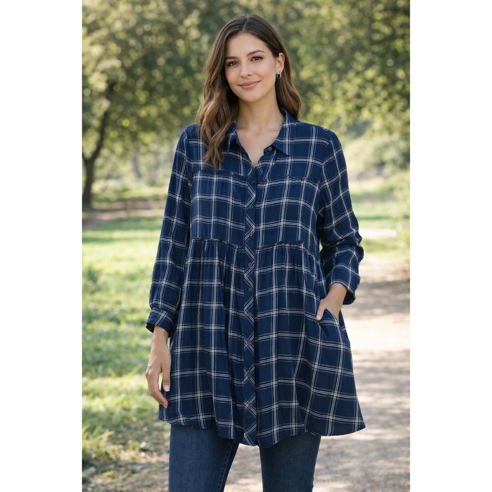 ZARA Women' Plaid Tiered Long Sleeve Button Up Tunic Shirt Dress Black white   L